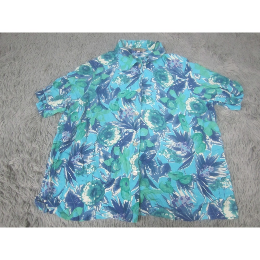 Stonebridge Shirt Womens 1X Blue Floral Print Button Down Collared Short Sleeve